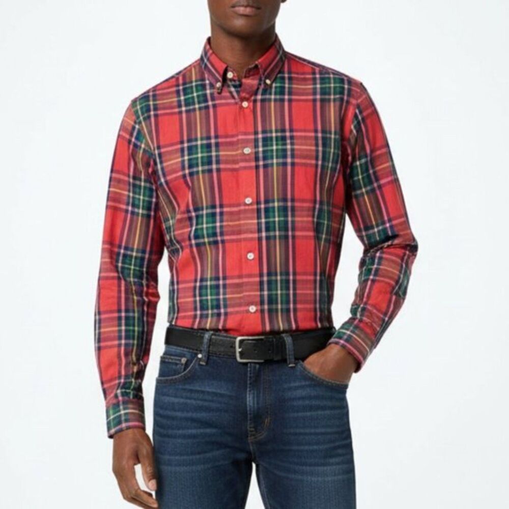 Gap Men’s Red Plaid Checks Print Button Up Long Sleeve Shirt NEW L